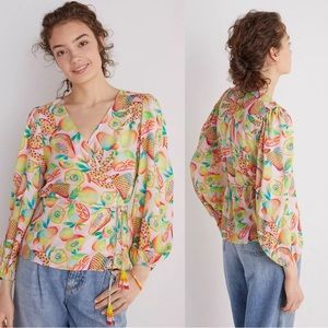 Anthropologie Farm Rio Rainforest Tropical Fruit Wrap Beaded Blouse Sleeve Top